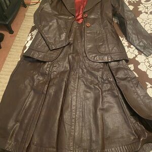 Elegant Brown Leather Jacket & Skirt
